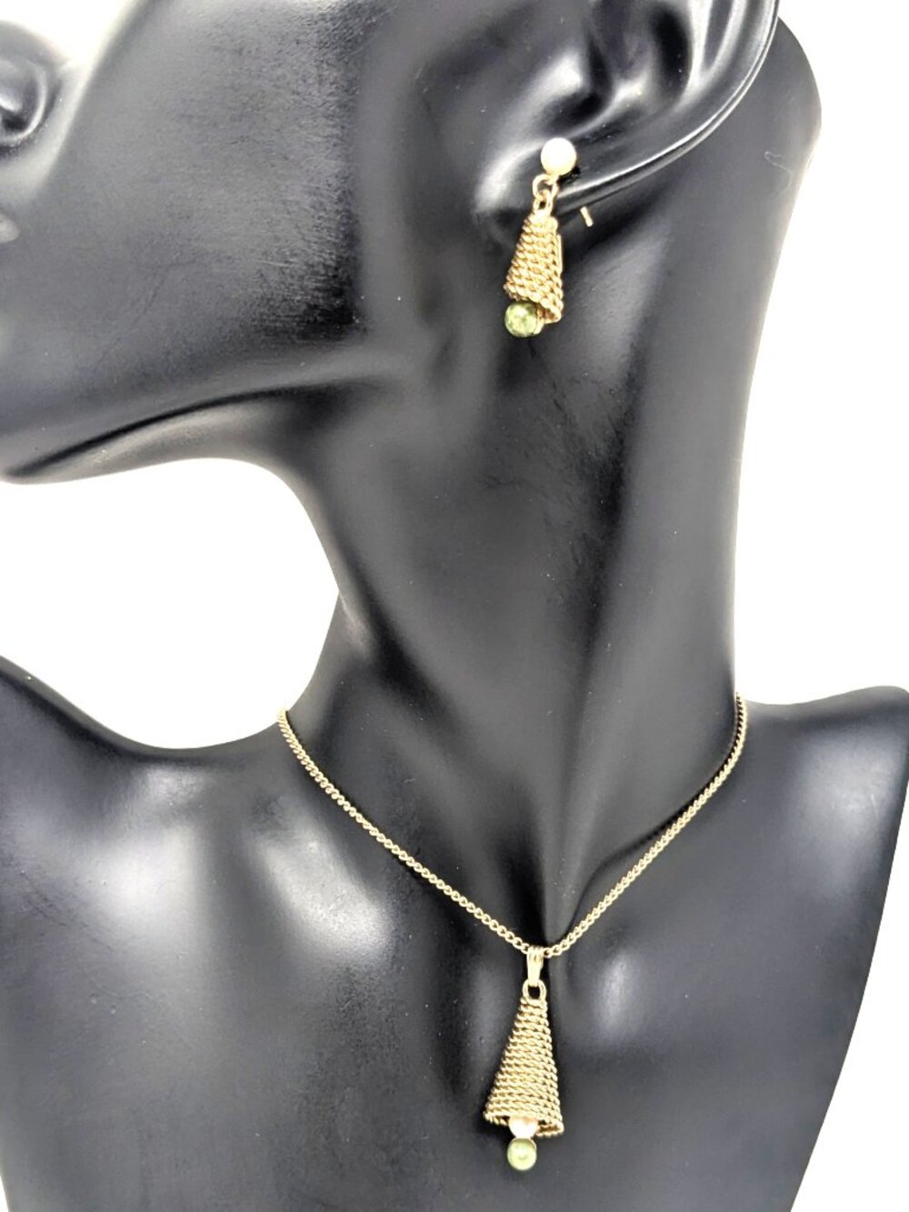 12K Gold Filled Jade Pearl Pendant Earring Set Vintage Rope Bell Shape Pierced